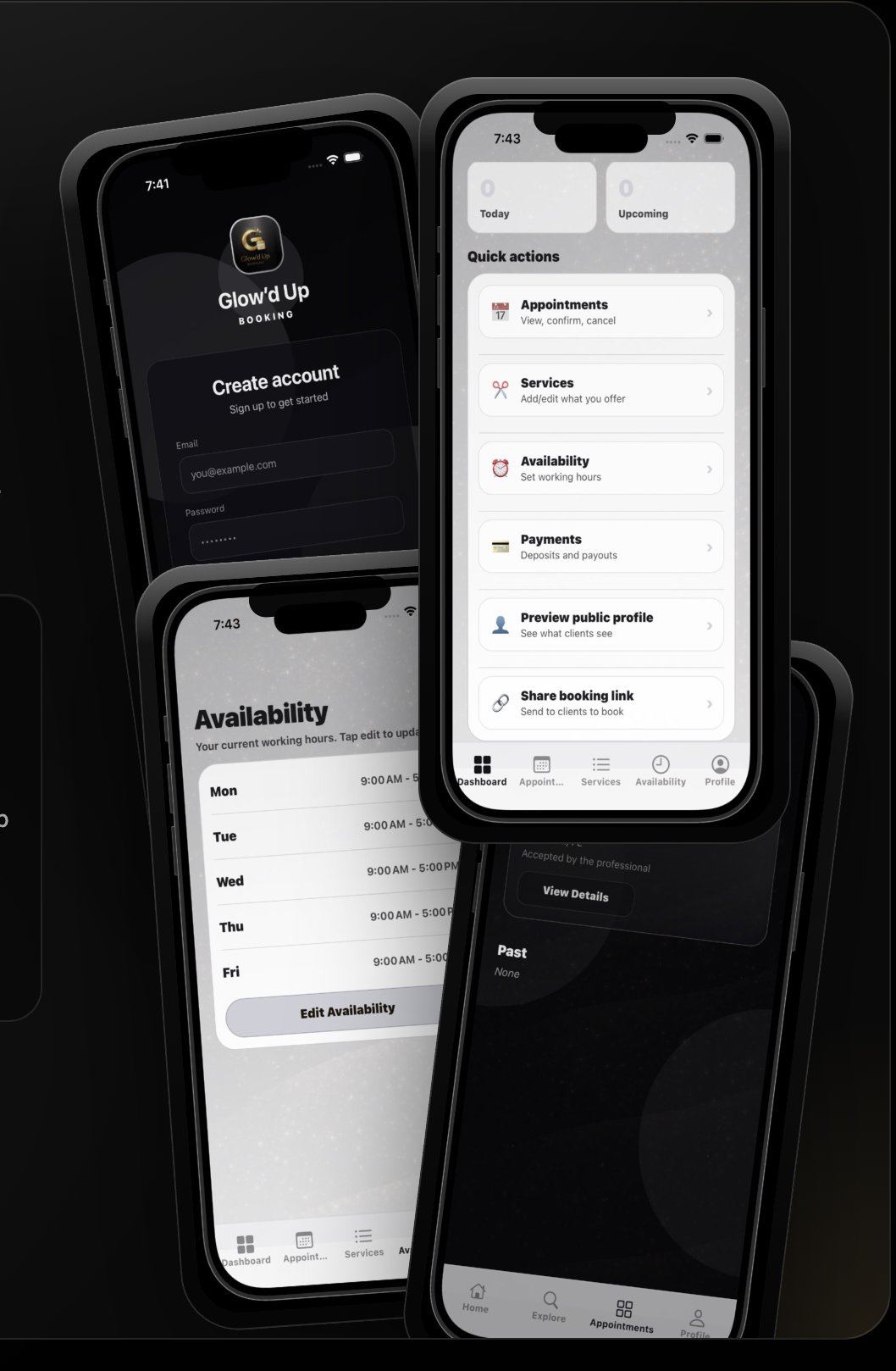 Glow'd Up Booking mobile app screens shown on iPhone mockups
